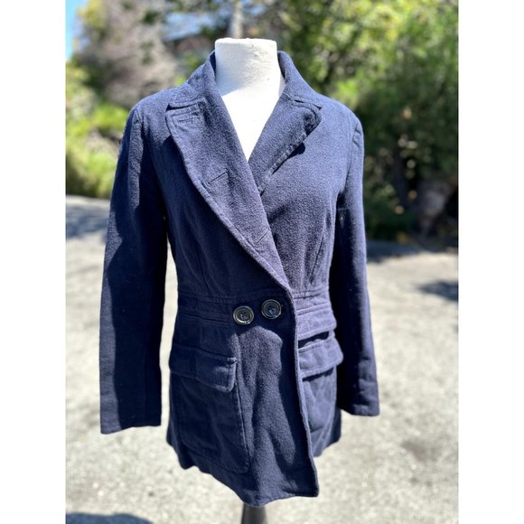 Free People Pea Coat Women Small Navy Blue Two Button Long Sleeve Collar Pockets - Picture 1 of 13